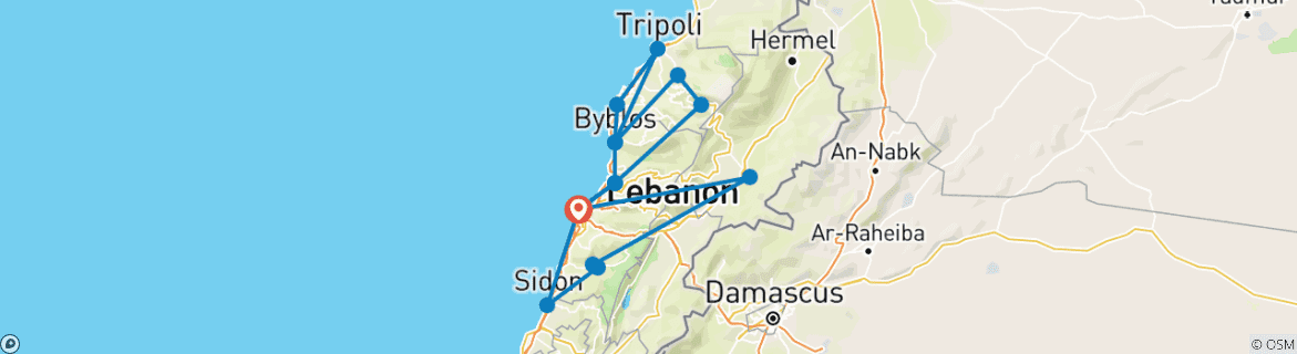 Image of a map showing the route of the tour
