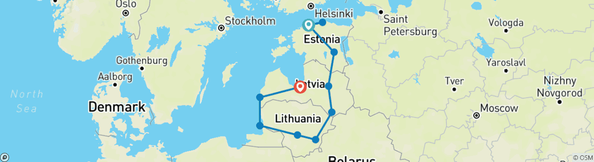 Image of a map showing the route of the tour