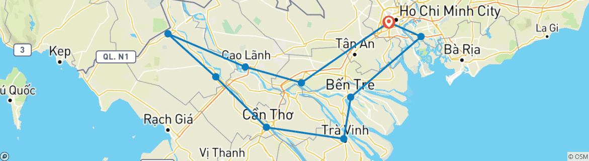 Image of a map showing the route of the tour