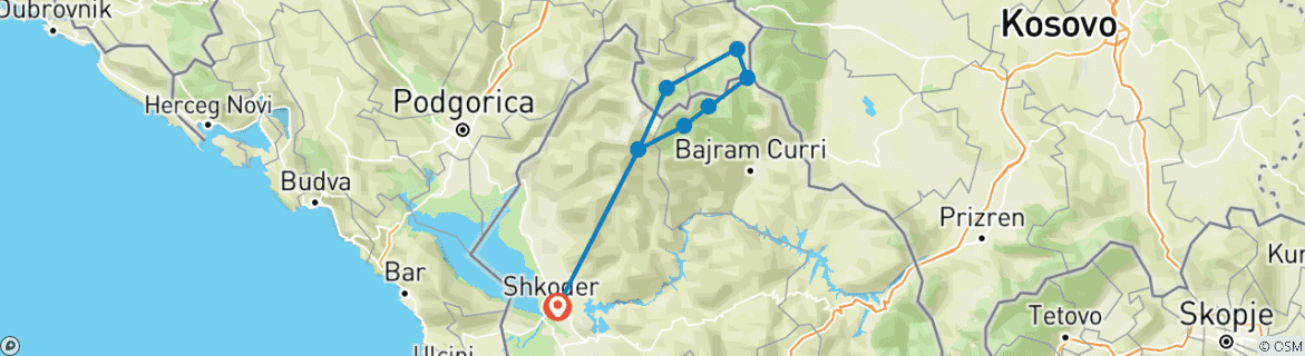 Image of a map showing the route of the tour