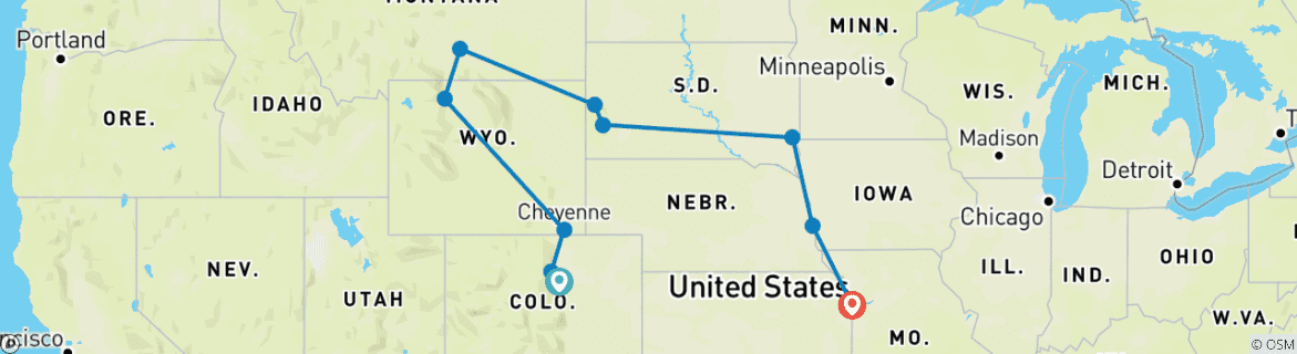 Image of a map showing the route of the tour