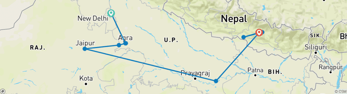 Image of a map showing the route of the tour