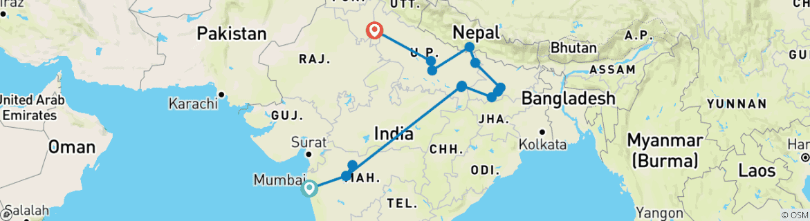 Image of a map showing the route of the tour
