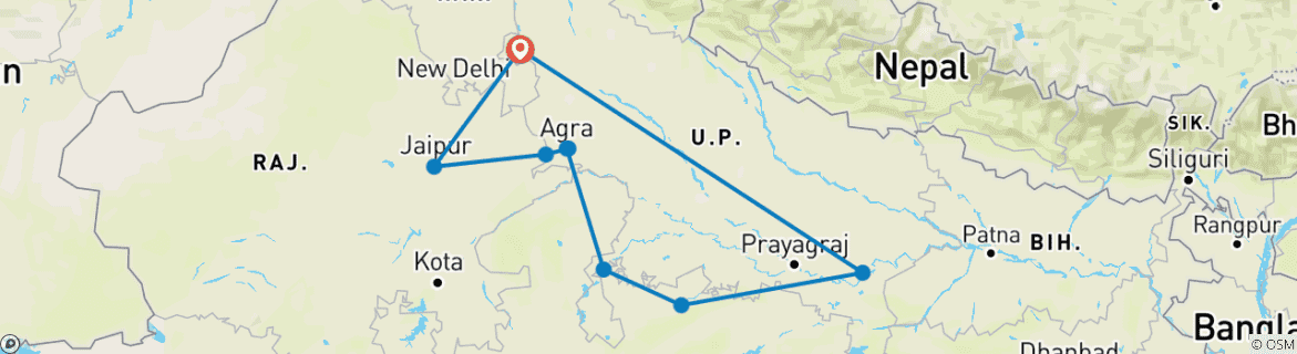 Image of a map showing the route of the tour