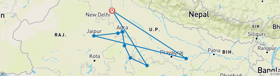 Image of a map showing the route of the tour