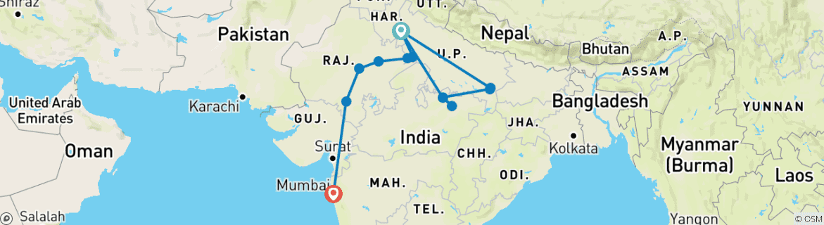 Image of a map showing the route of the tour