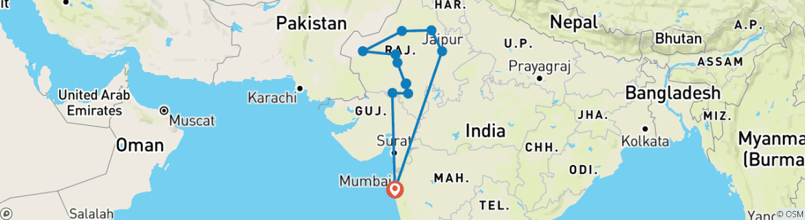 Image of a map showing the route of the tour