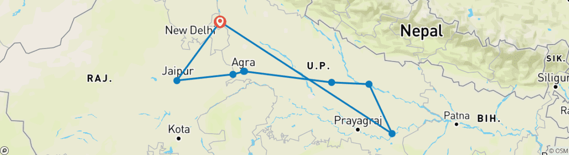 Image of a map showing the route of the tour
