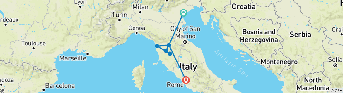 Image of a map showing the route of the tour