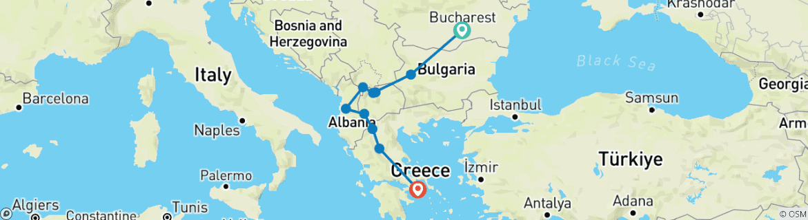Image of a map showing the route of the tour