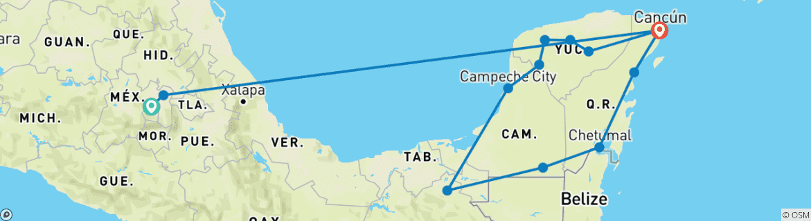 Image of a map showing the route of the tour