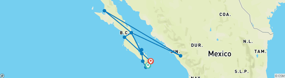 Image of a map showing the route of the tour