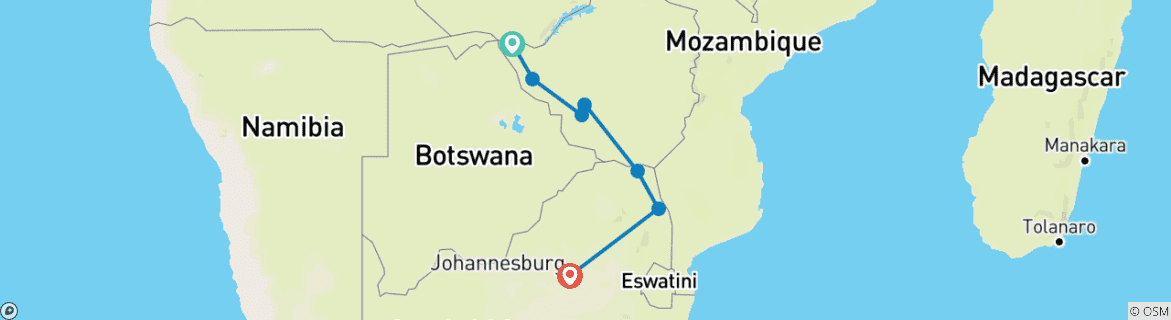 Image of a map showing the route of the tour