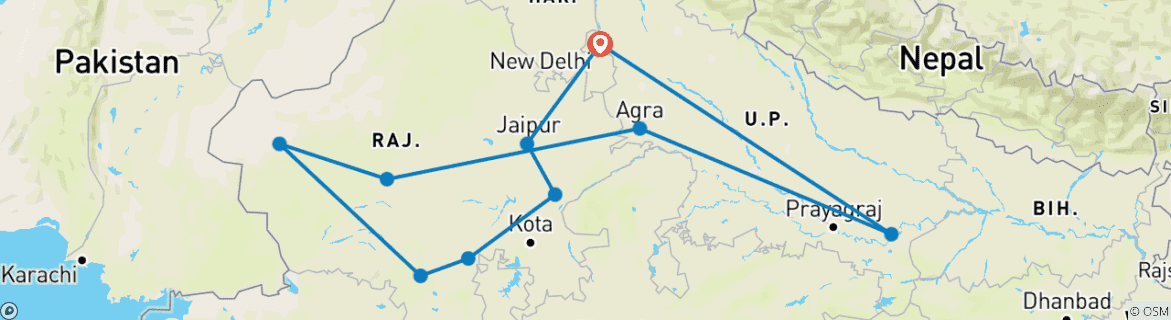 Image of a map showing the route of the tour