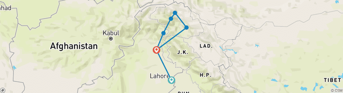 Image of a map showing the route of the tour