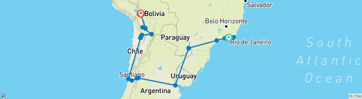 Carte du circuit 5 pays : Rio de Janeiro à La Paz (30 jours)