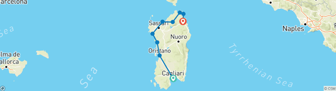 Image of a map showing the route of the tour