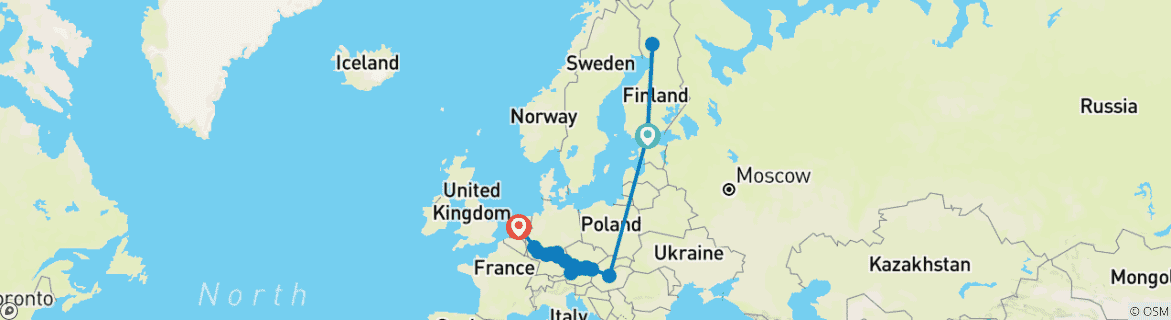Image of a map showing the route of the tour