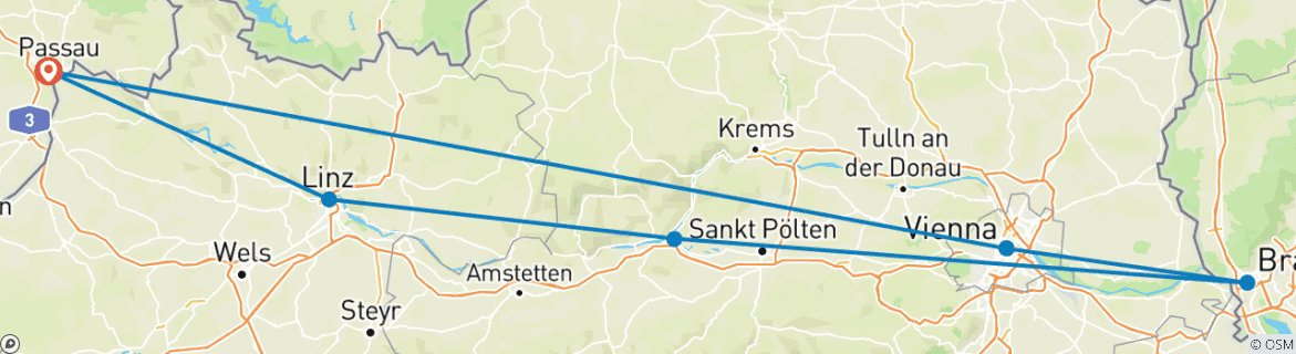 Image of a map showing the route of the tour