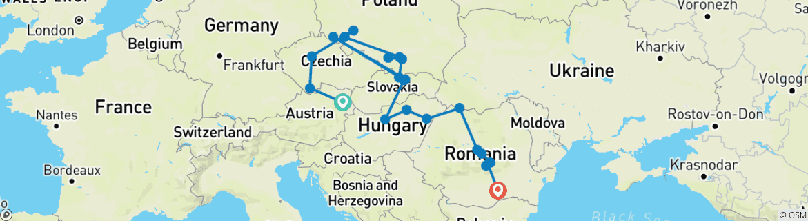 Image of a map showing the route of the tour