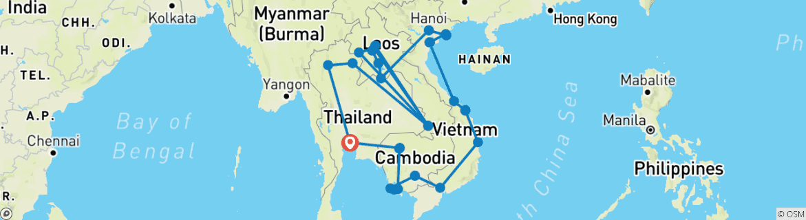 Image of a map showing the route of the tour