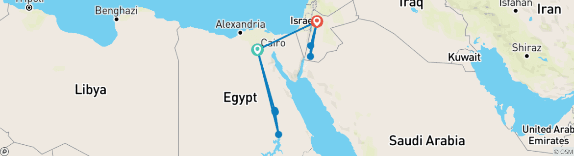 Image of a map showing the route of the tour