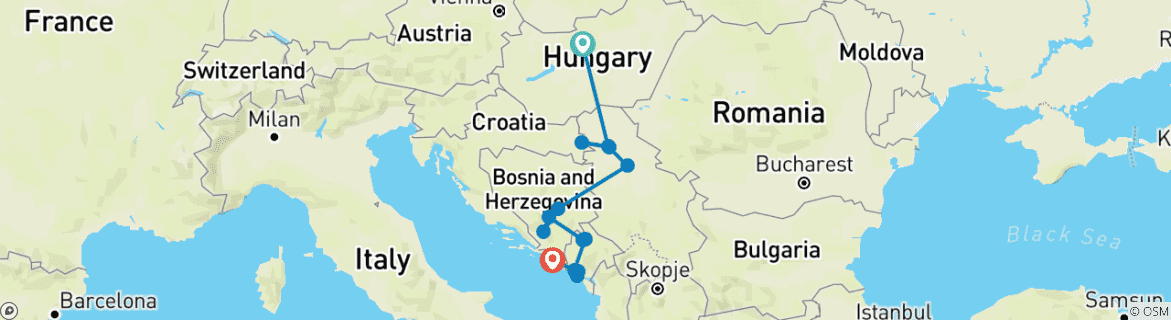 Image of a map showing the route of the tour
