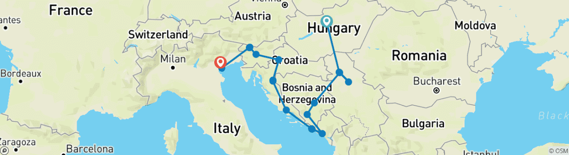 Image of a map showing the route of the tour
