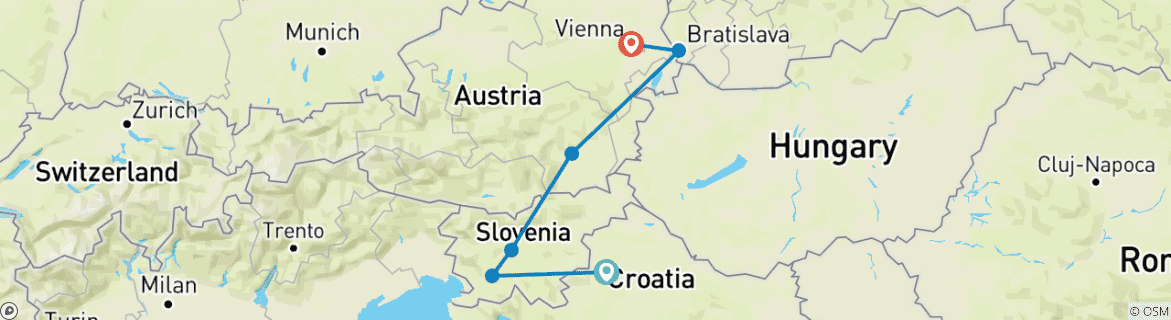 Image of a map showing the route of the tour