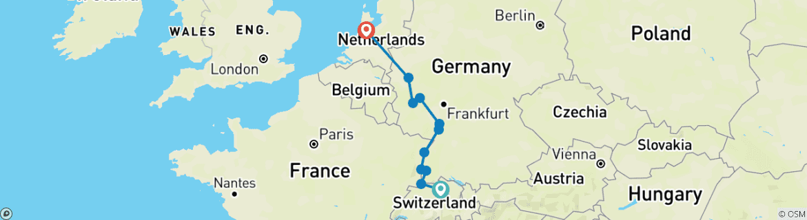 Image of a map showing the route of the tour