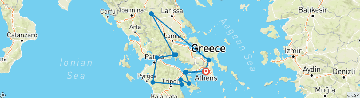 Image of a map showing the route of the tour