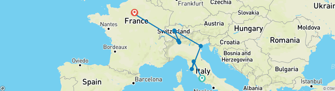 Image of a map showing the route of the tour