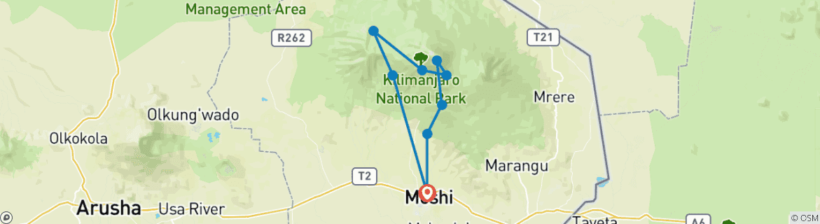 Kaart van Beklimming van de Kilimanjaro Machame Route in 7 dagen