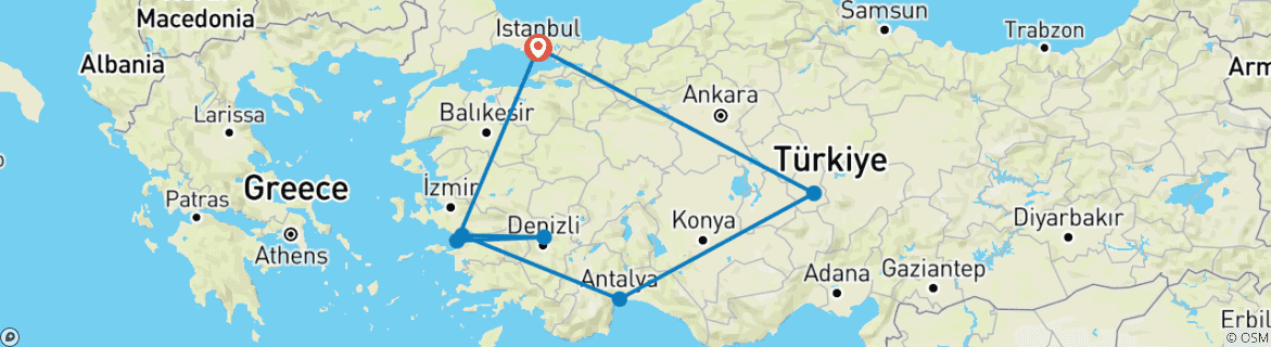 Image of a map showing the route of the tour