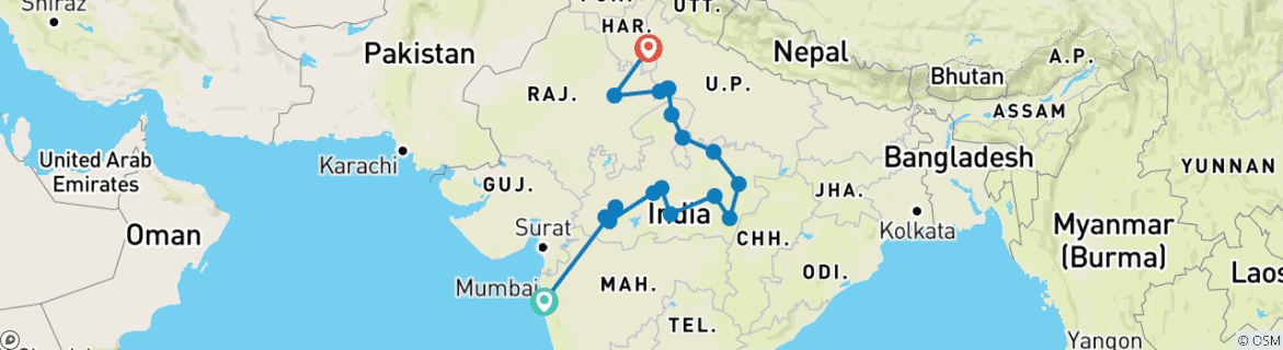 Image of a map showing the route of the tour