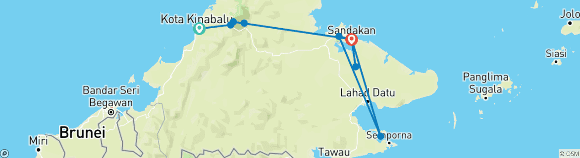 Image of a map showing the route of the tour