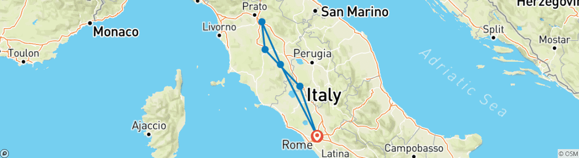 Image of a map showing the route of the tour