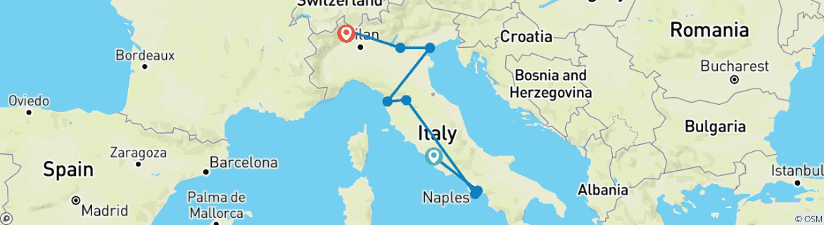 Image of a map showing the route of the tour