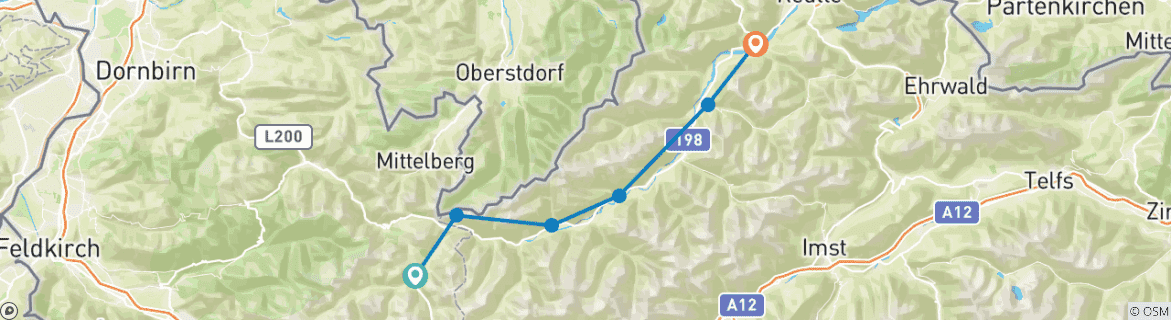 Image of a map showing the route of the tour