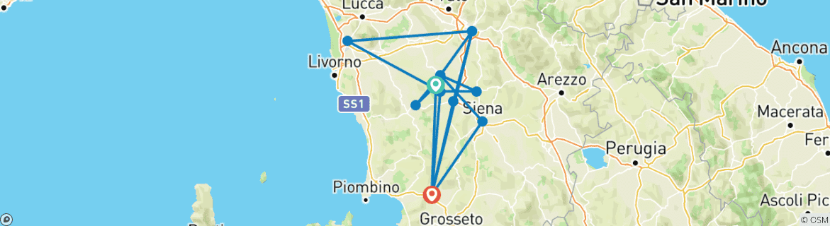 Image of a map showing the route of the tour