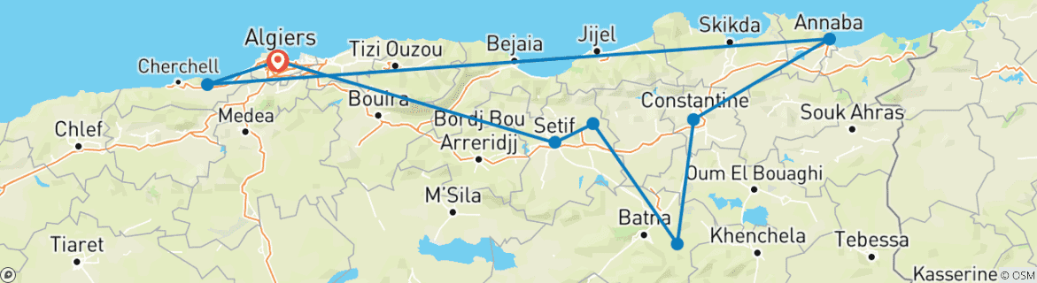 Image of a map showing the route of the tour