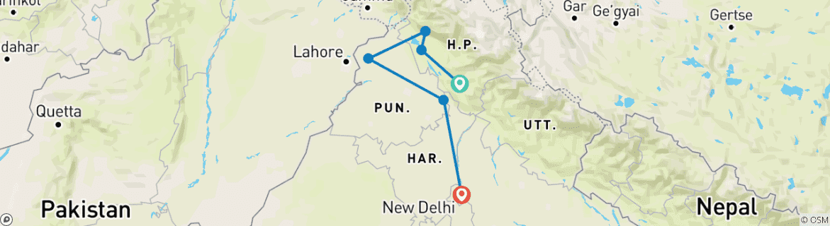 Image of a map showing the route of the tour