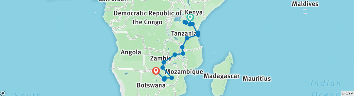 Image of a map showing the route of the tour