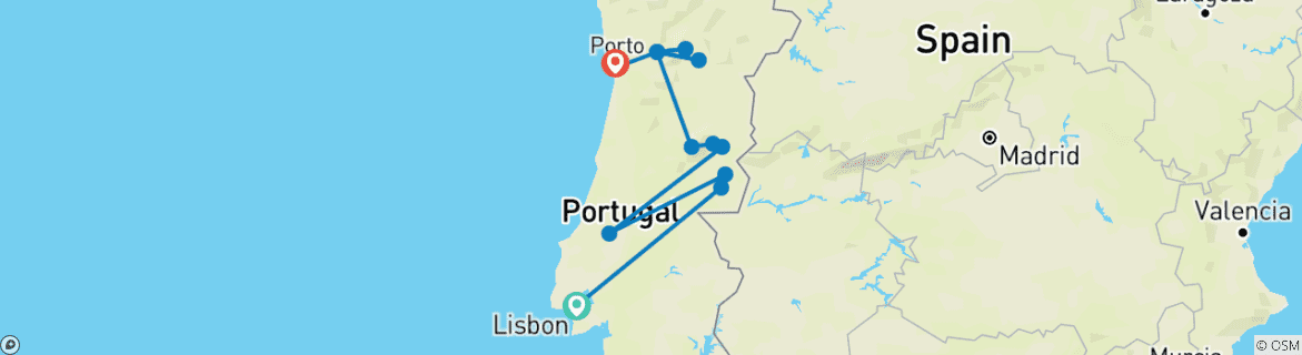 Image of a map showing the route of the tour