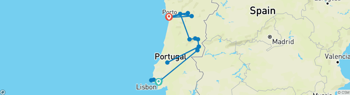 Image of a map showing the route of the tour