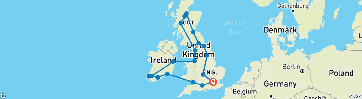 Image of a map showing the route of the tour