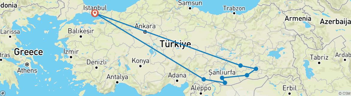 Image of a map showing the route of the tour