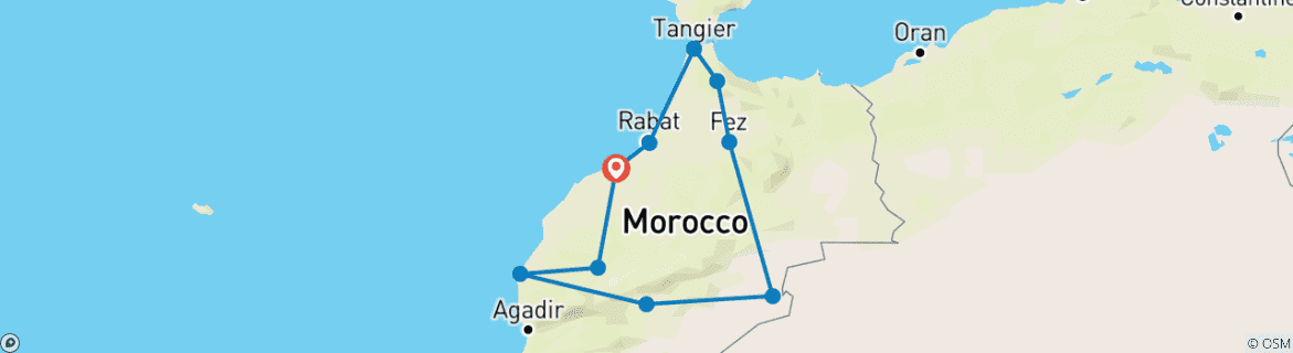 Image of a map showing the route of the tour