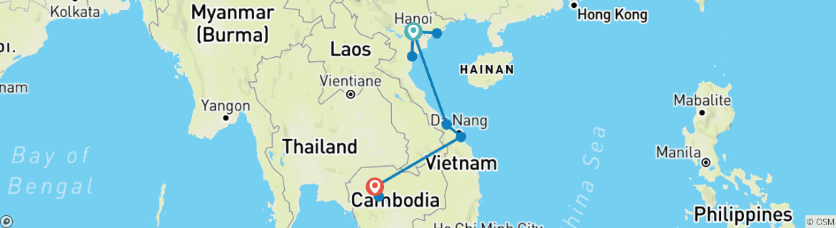 Image of a map showing the route of the tour