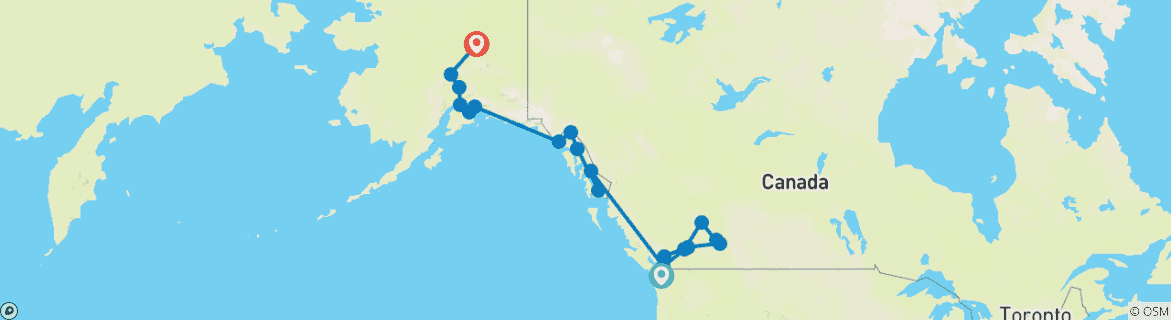 Image of a map showing the route of the tour